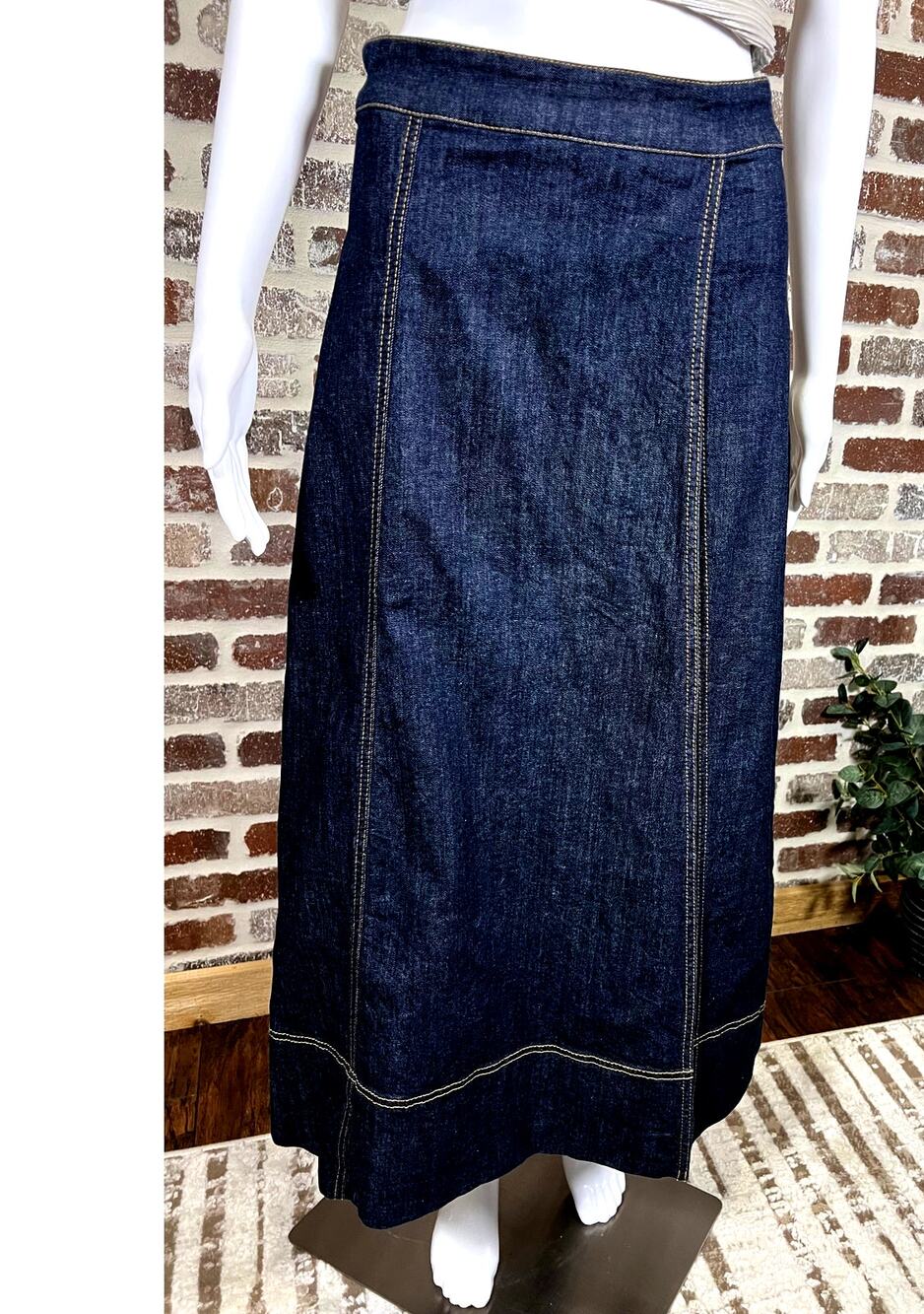 Zara Dark Wash Midi Side Zip Closure Crossover Front Skirt NO BELT Women's S
